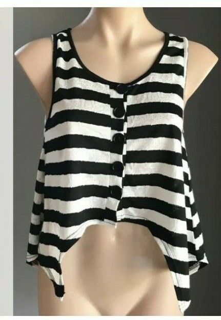 AVOCADO Top Black White & Silver Stripe Sleeveless Dip Hem Tank Ladies Size 8 10