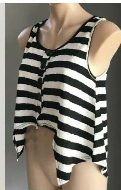 AVOCADO Top Black White & Silver Stripe Sleeveless Dip Hem Tank Ladies Size 8 10