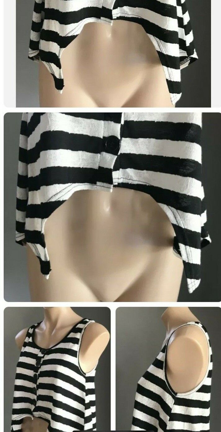 AVOCADO Top Black White & Silver Stripe Sleeveless Dip Hem Tank Ladies Size 8 10