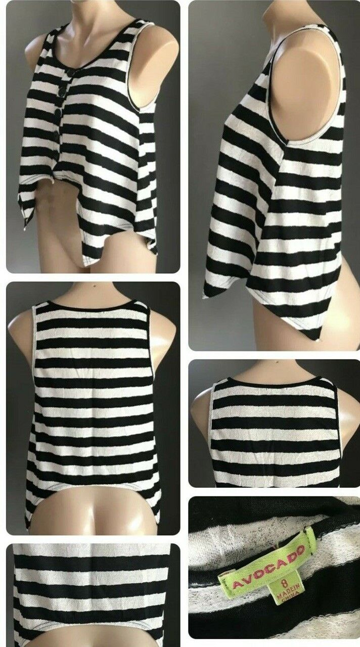AVOCADO Top Black White & Silver Stripe Sleeveless Dip Hem Tank Ladies Size 8 10