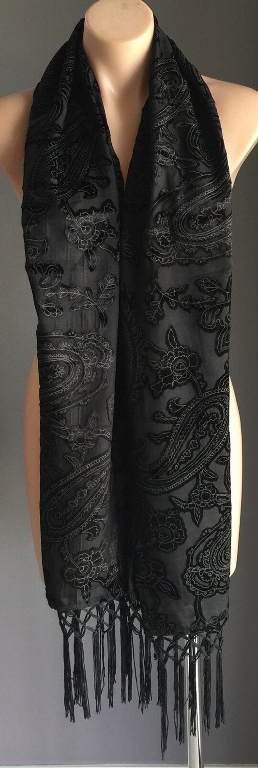 Ladies SCARF Black Grey Floral Paisley Velour Embroidered Neck Wrap Fringed NEW