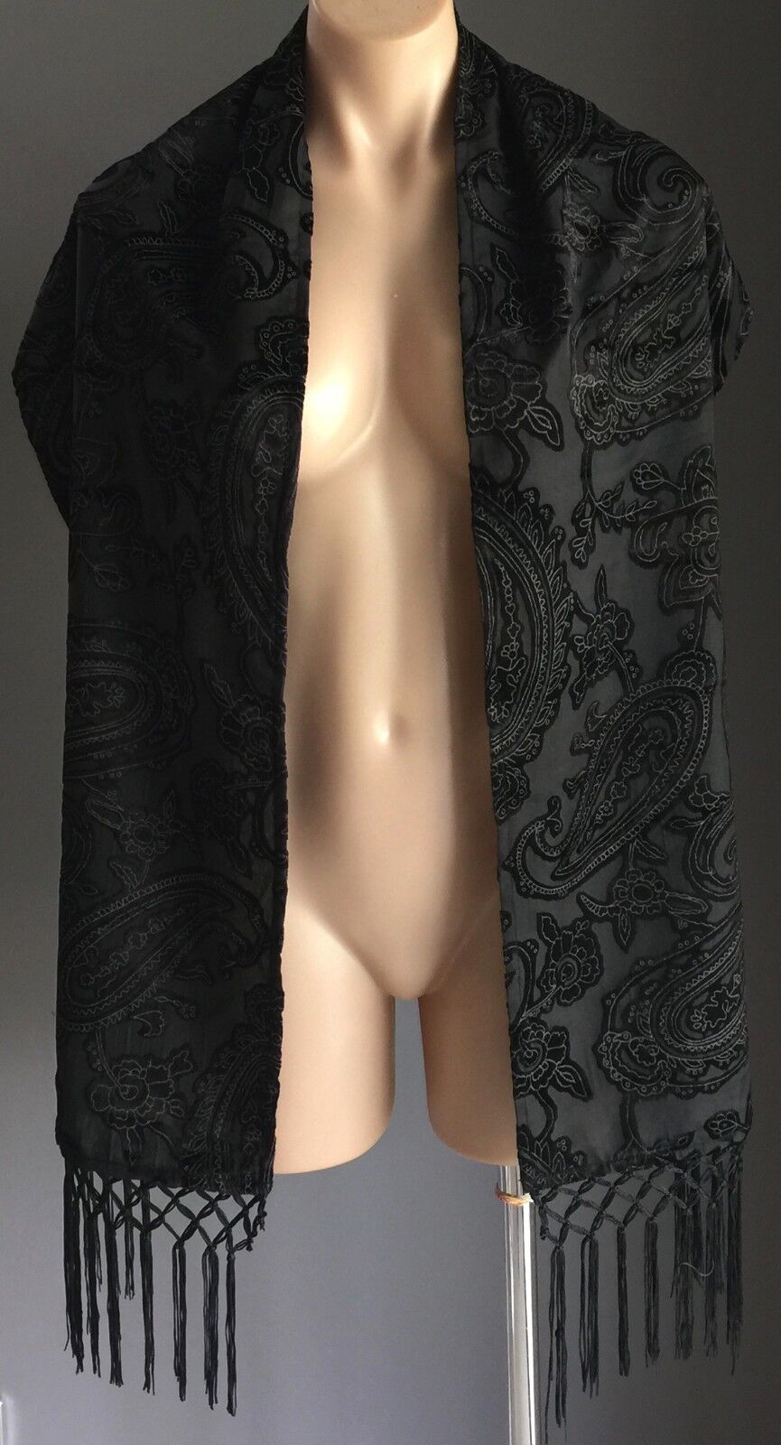 Ladies SCARF Black Grey Floral Paisley Velour Embroidered Neck Wrap Fringed NEW