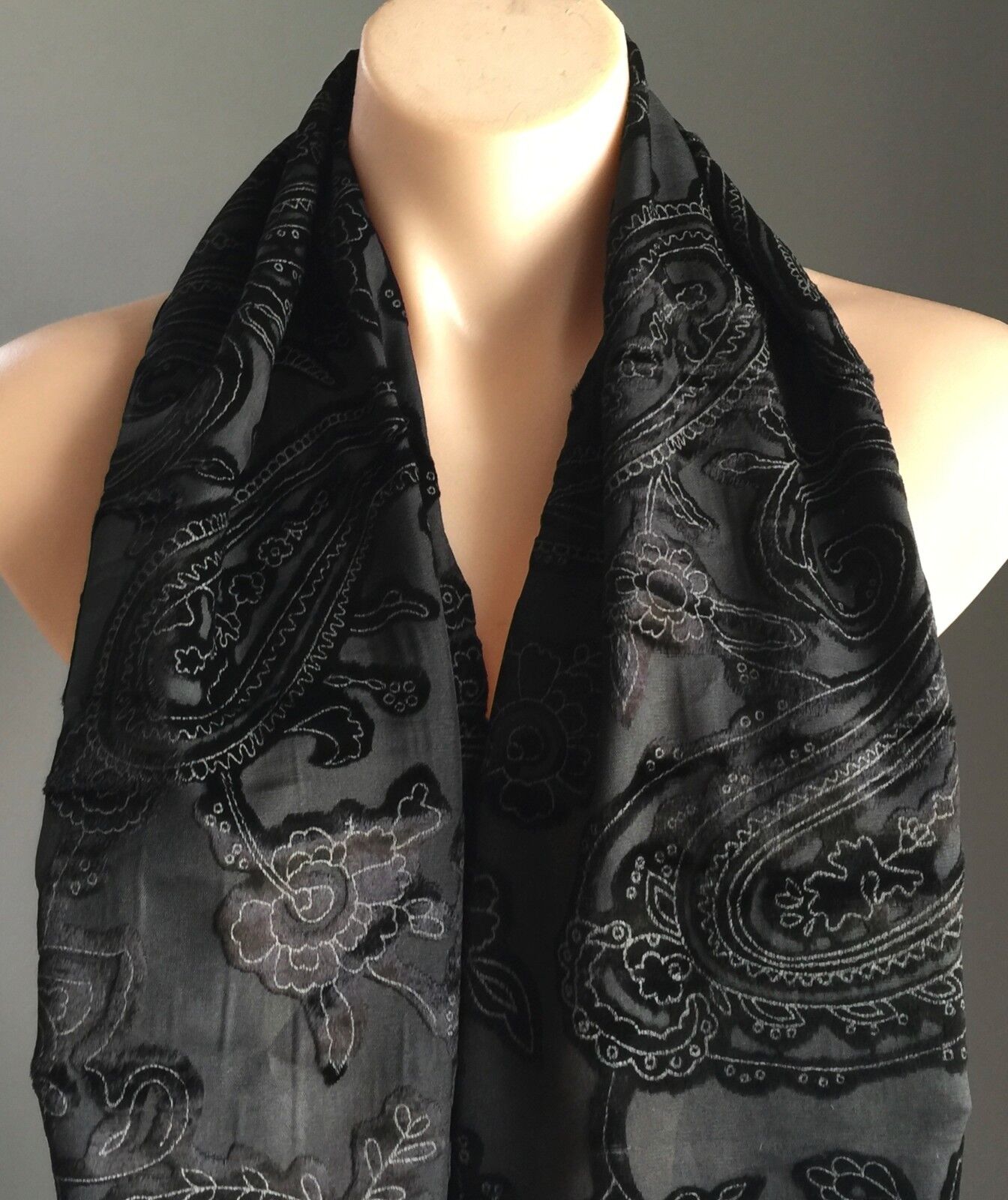 Ladies SCARF Black Grey Floral Paisley Velour Embroidered Neck Wrap Fringed NEW