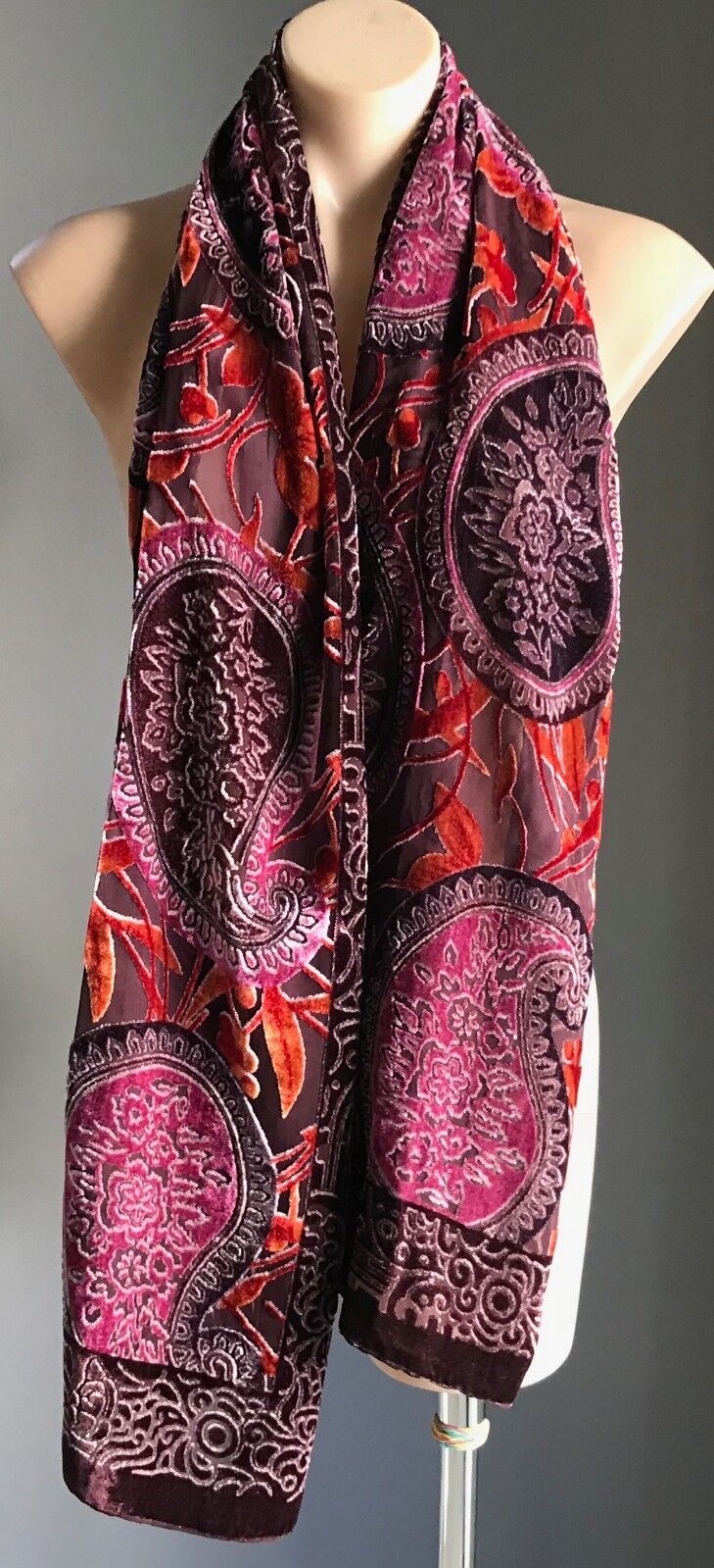 Burnout Velour Scarf Wrap Aubergine Rust & Cerise Paisley & Floral Print NEW