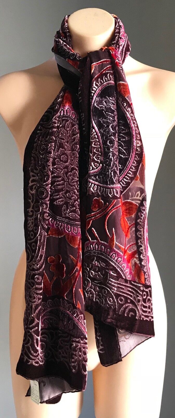 Burnout Velour Scarf Wrap Aubergine Rust & Cerise Paisley & Floral Print NEW