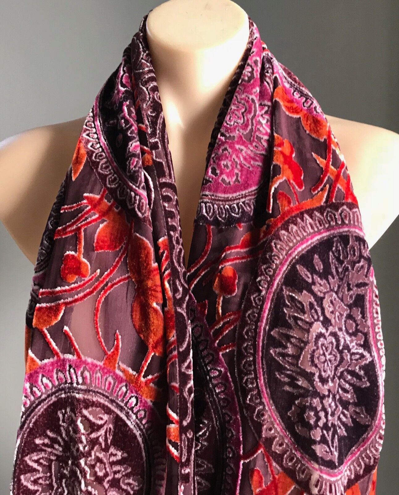 Burnout Velour Scarf Wrap Aubergine Rust & Cerise Paisley & Floral Print NEW