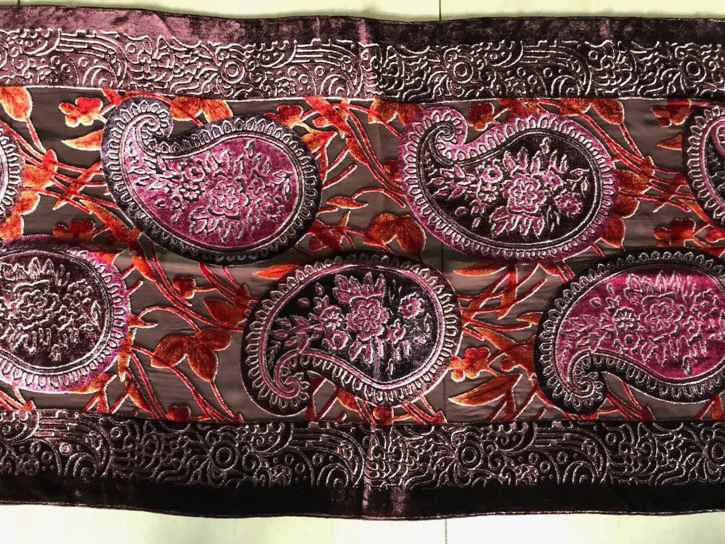 Burnout Velour Scarf Wrap Aubergine Rust & Cerise Paisley & Floral Print NEW