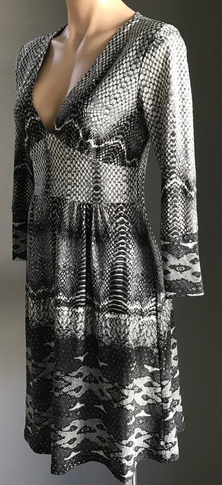 MEI MEI Dress Grey Black Taupe Python Snake Print Spandex Sequins Size 8 10 NEW