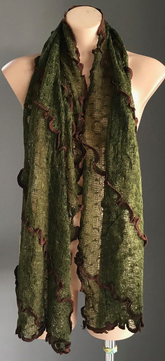 Mohair Neck Scarf Ladies Khaki & Brown Trim Loose Knit Rectangle Wrap Scarf NEW