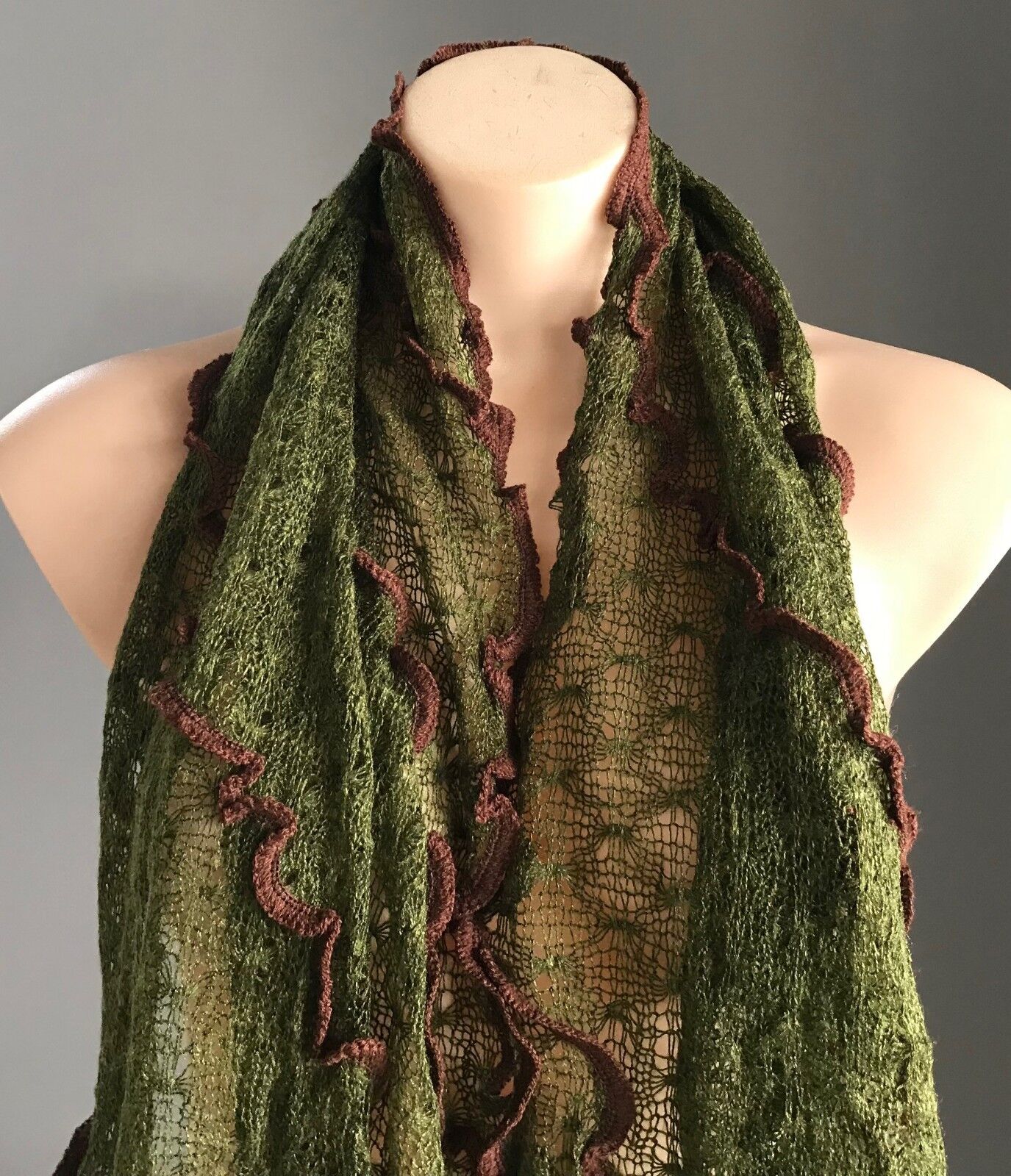 Mohair Neck Scarf Ladies Khaki & Brown Trim Loose Knit Rectangle Wrap Scarf NEW