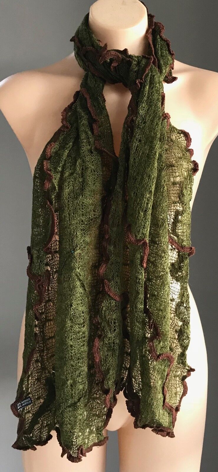 Mohair Neck Scarf Ladies Khaki & Brown Trim Loose Knit Rectangle Wrap Scarf NEW