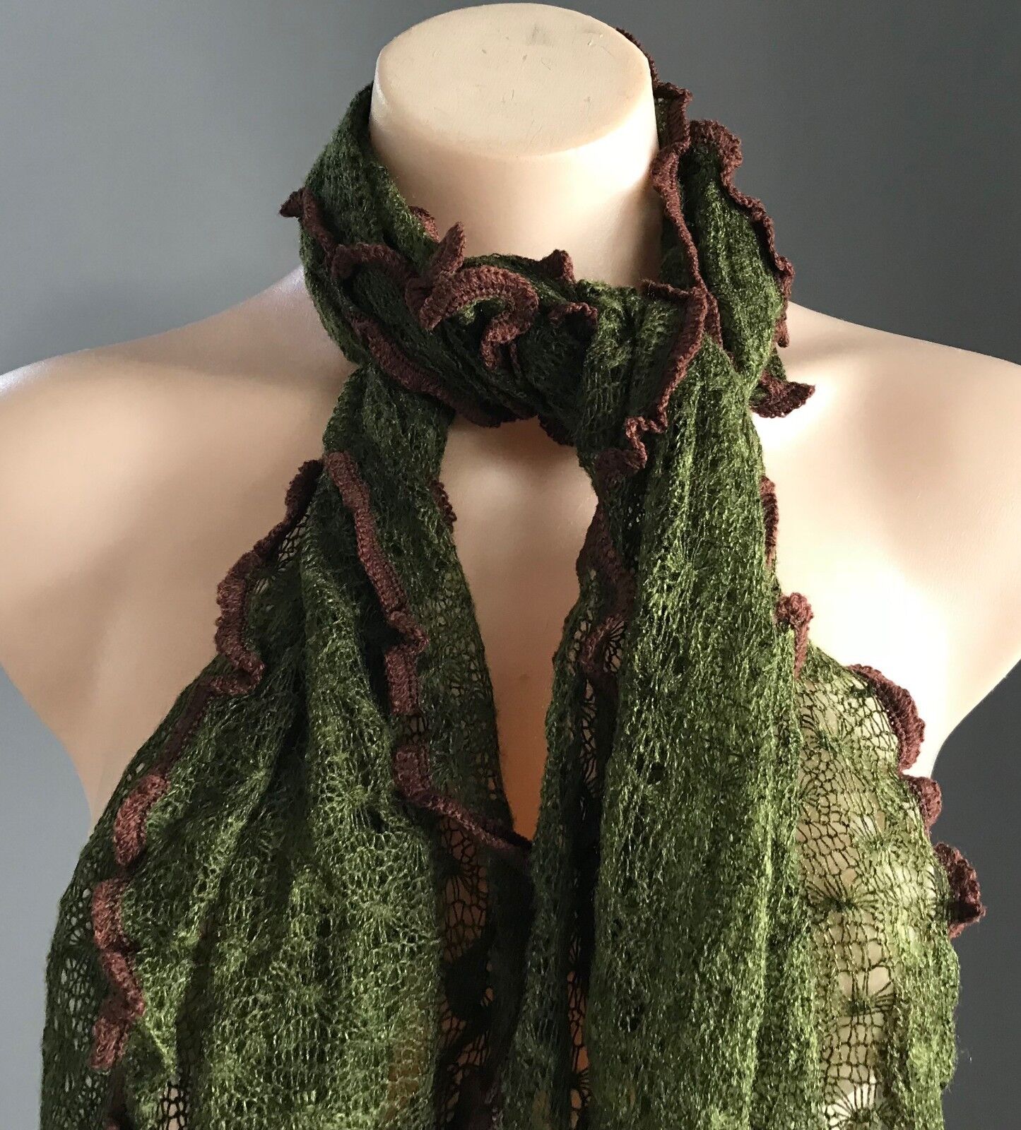 Mohair Neck Scarf Ladies Khaki & Brown Trim Loose Knit Rectangle Wrap Scarf NEW