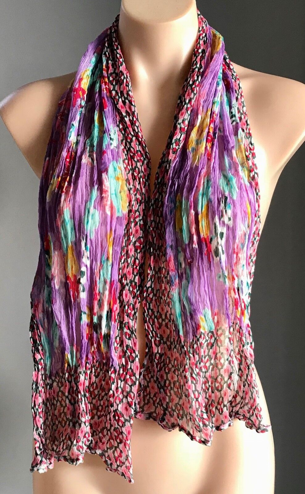 Ladies NECK SCARF MultiColour Floral Micro Crinkle Pleated Rectangle - Stunning!