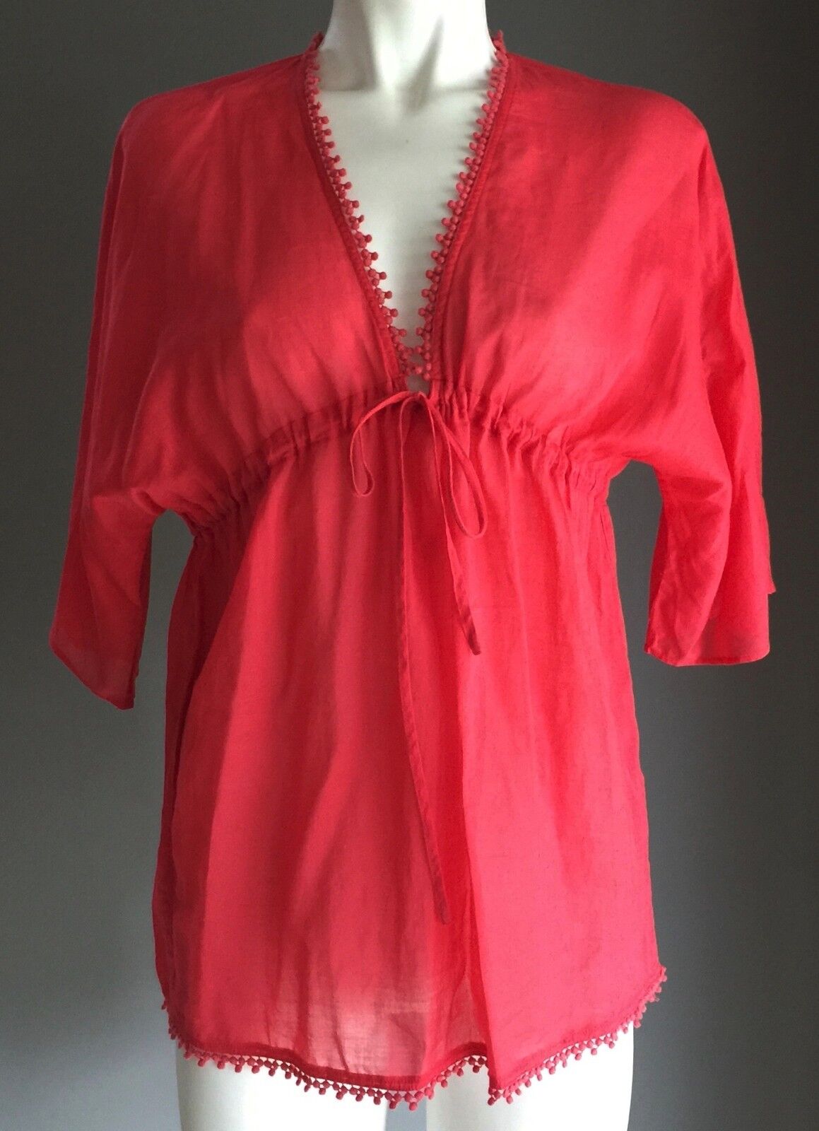 COUNTRY ROAD Top Kaftan Sheer Cotton 3/4 Sleeve Red Coral Size XS 8 New Unique !