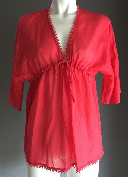 COUNTRY ROAD Top Kaftan Sheer Cotton 3/4 Sleeve Red Coral Size XS 8 New Unique !