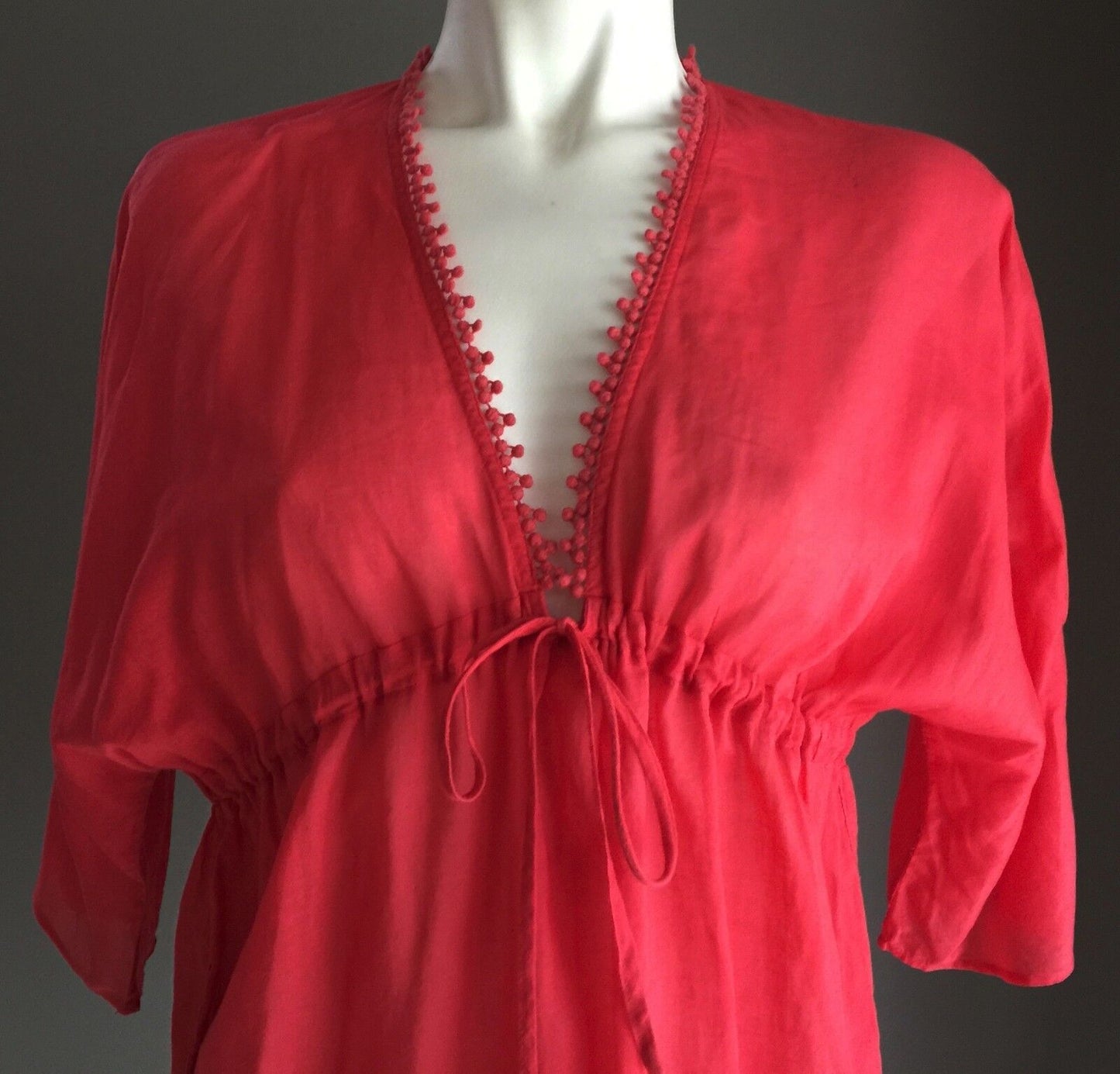COUNTRY ROAD Top Kaftan Sheer Cotton 3/4 Sleeve Red Coral Size XS 8 New Unique !