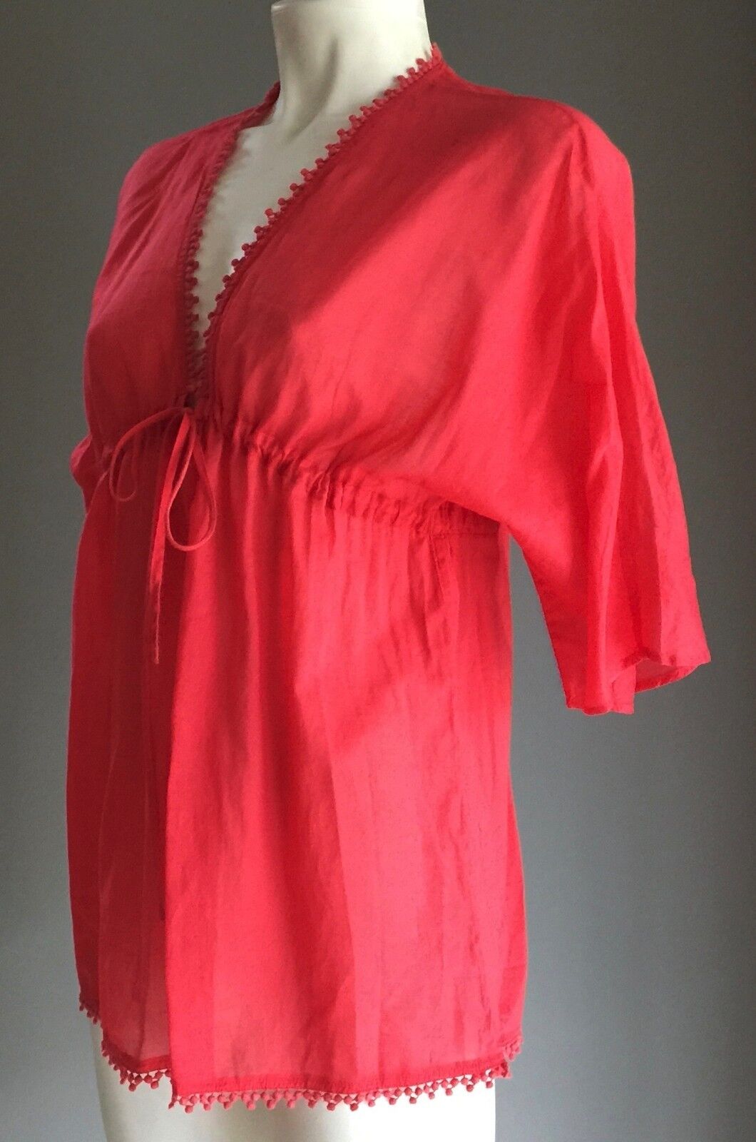 COUNTRY ROAD Top Kaftan Sheer Cotton 3/4 Sleeve Red Coral Size XS 8 New Unique !