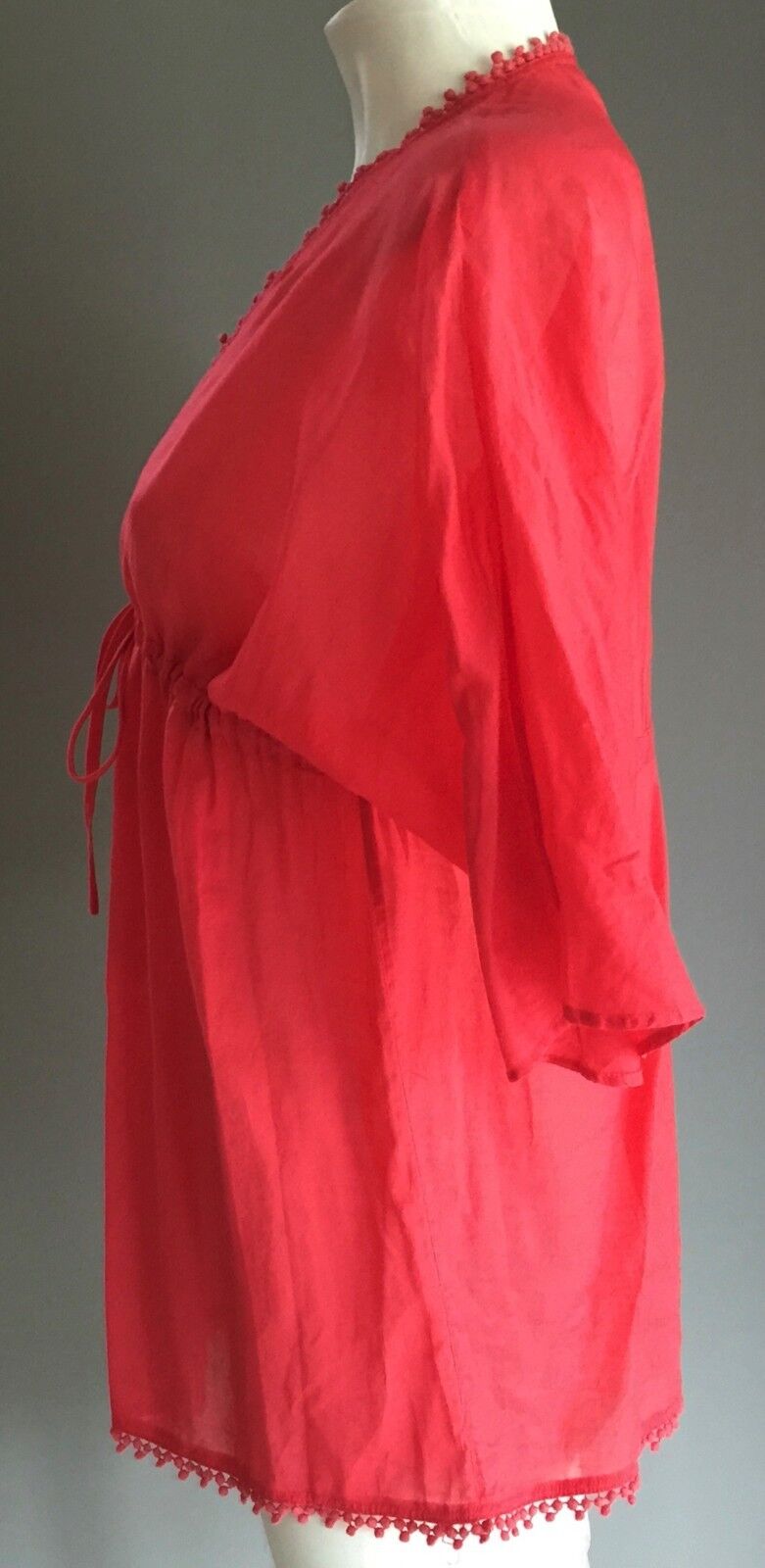 COUNTRY ROAD Top Kaftan Sheer Cotton 3/4 Sleeve Red Coral Size XS 8 New Unique !