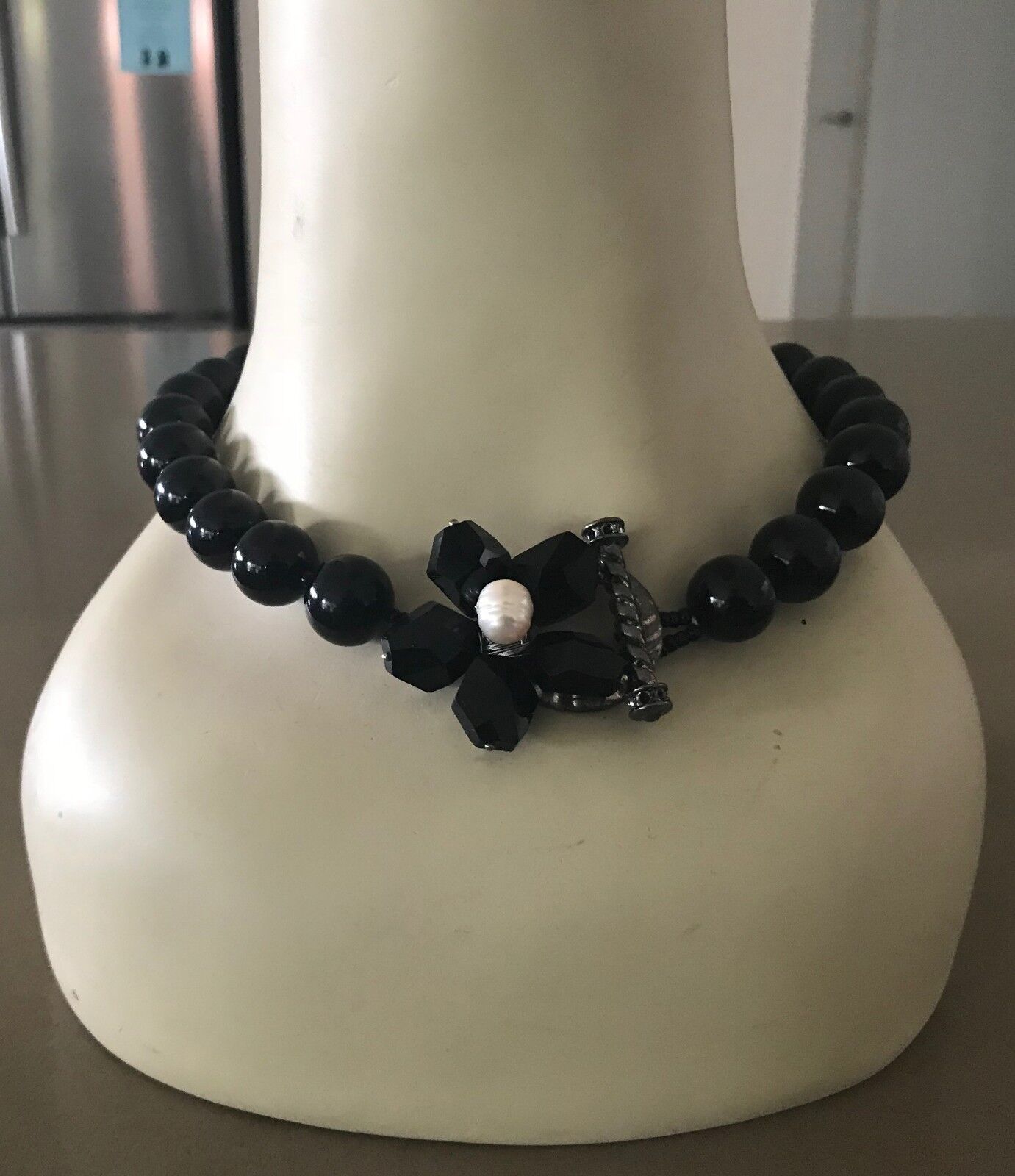 Black Necklace Round & Glass Floral Bead Statement Choker in Box Heavy Stunning!