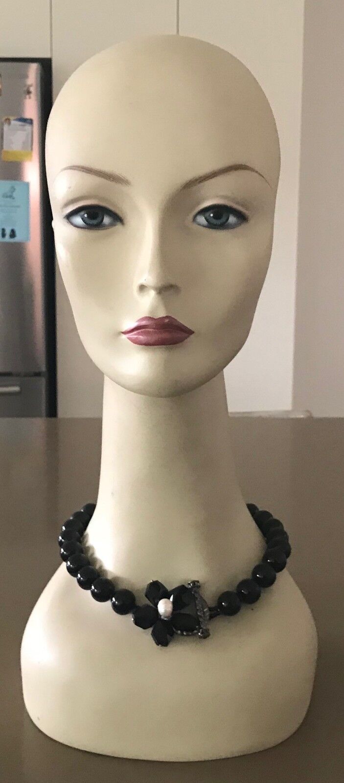 Black Necklace Round & Glass Floral Bead Statement Choker in Box Heavy Stunning!