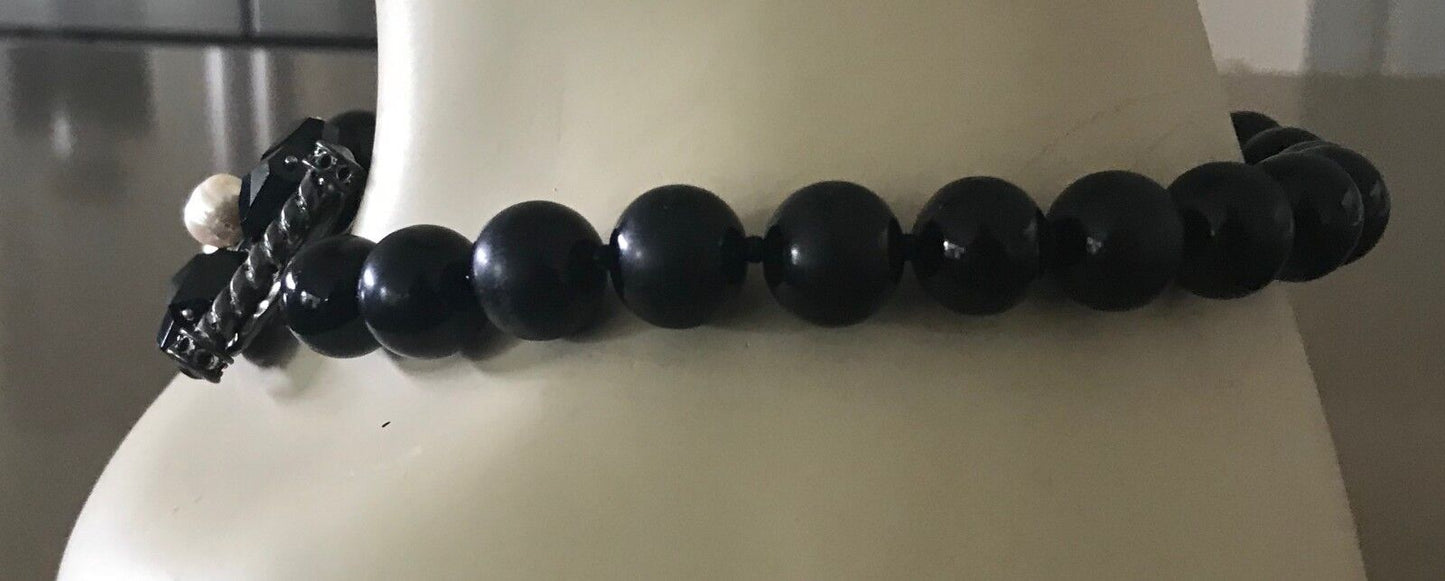 Black Necklace Round & Glass Floral Bead Statement Choker in Box Heavy Stunning!