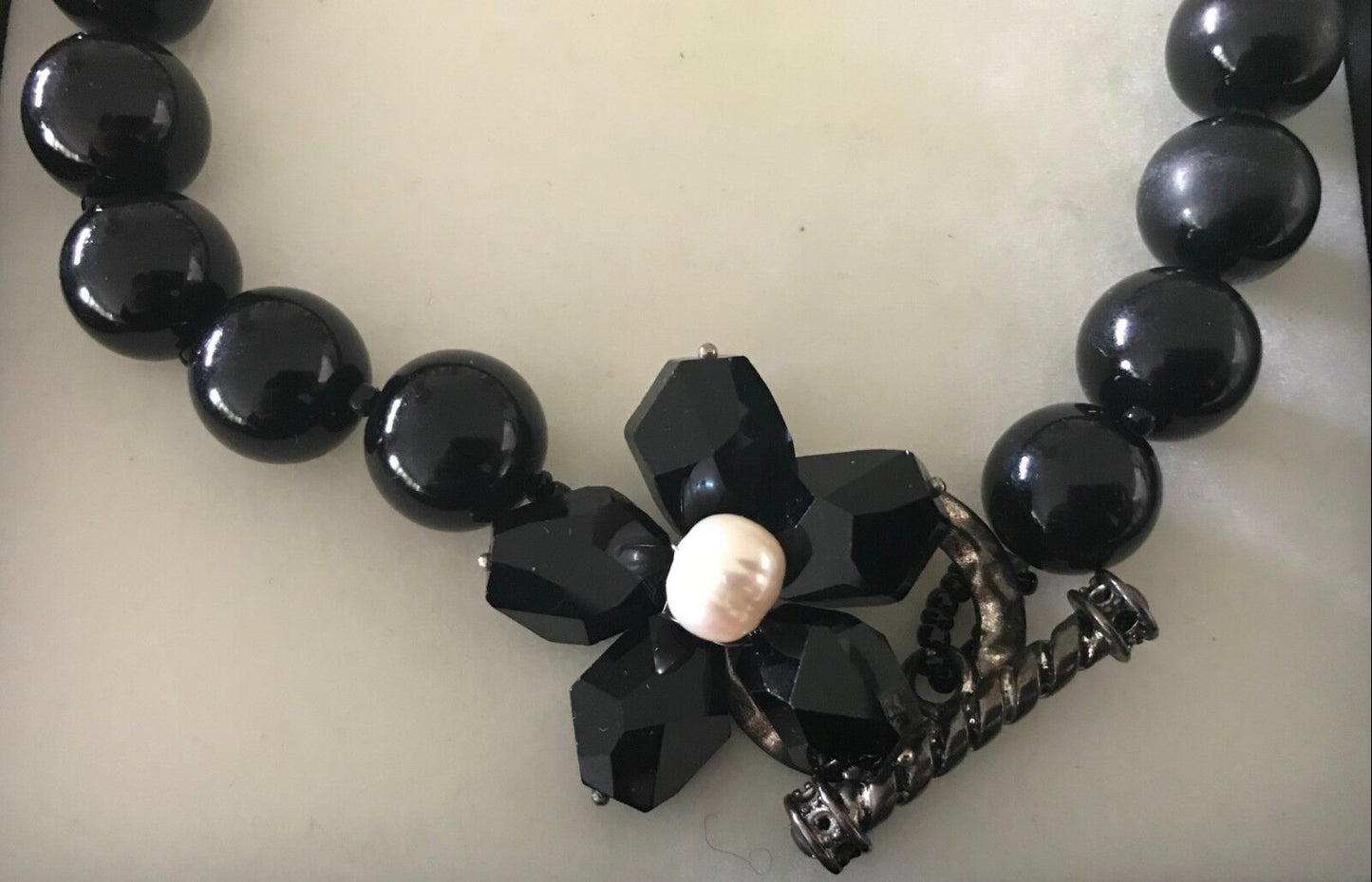 Black Necklace Round & Glass Floral Bead Statement Choker in Box Heavy Stunning!