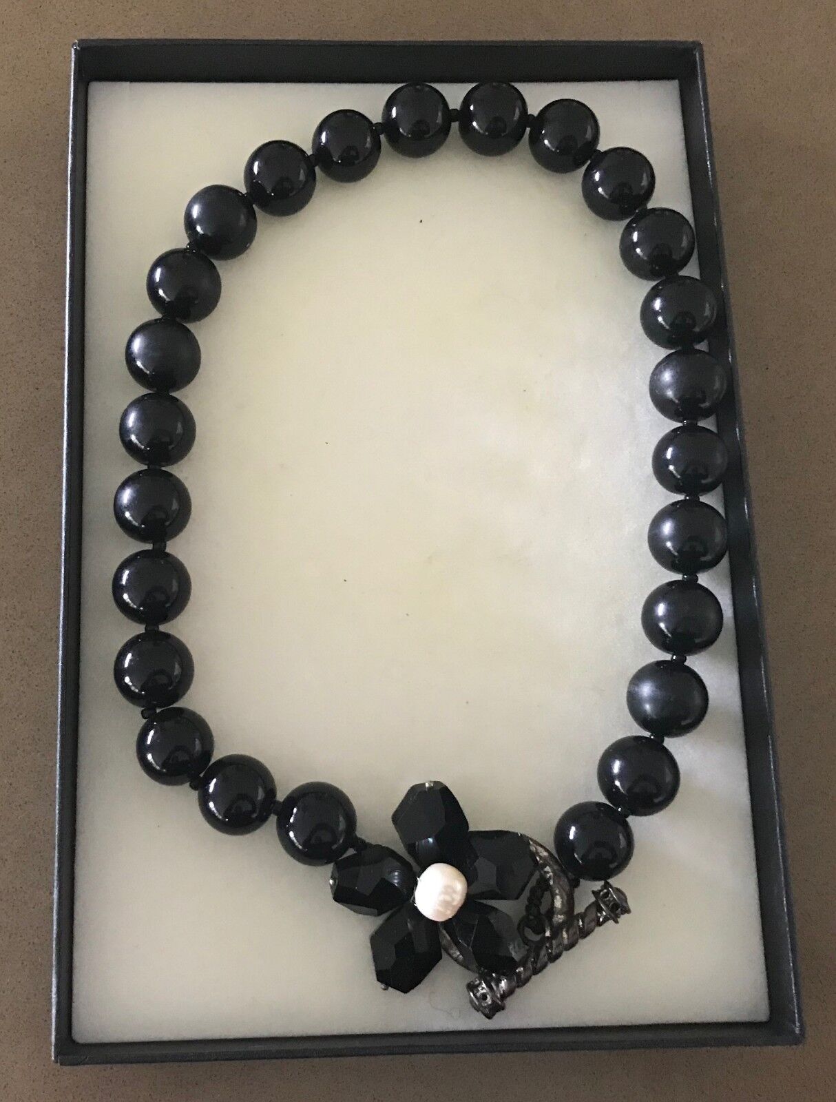 Black Necklace Round & Glass Floral Bead Statement Choker in Box Heavy Stunning!