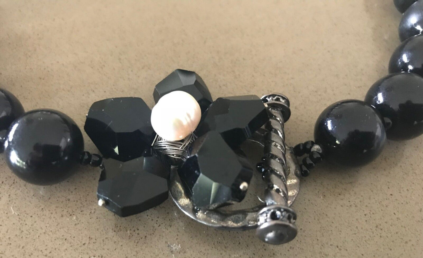 Black Necklace Round & Glass Floral Bead Statement Choker in Box Heavy Stunning!