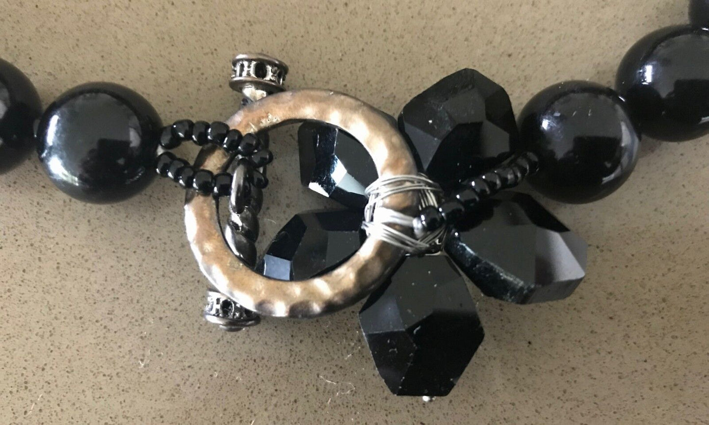 Black Necklace Round & Glass Floral Bead Statement Choker in Box Heavy Stunning!