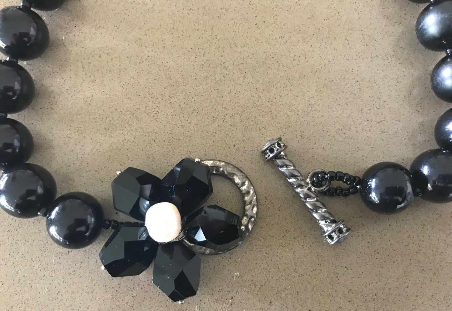Black Necklace Round & Glass Floral Bead Statement Choker in Box Heavy Stunning!