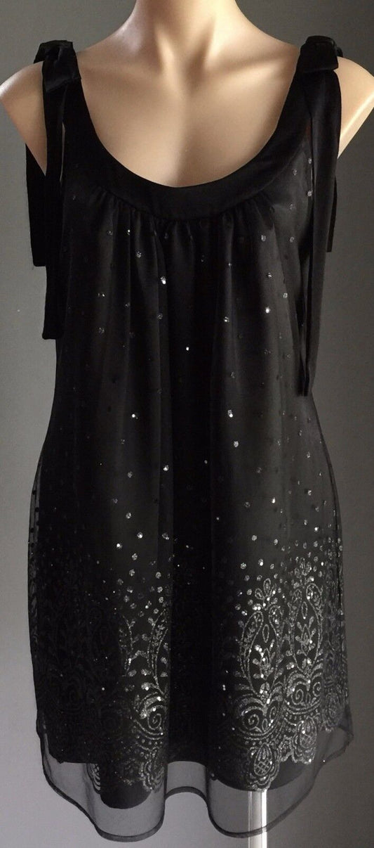 GEORGE EVENING LBD Dress Black Tulle Overlay w Sequins Embellished Size 12