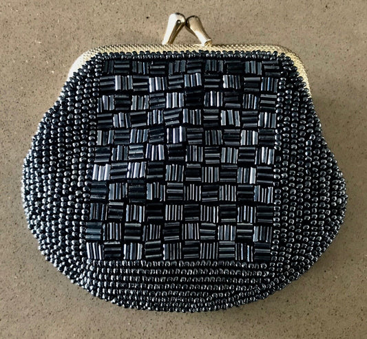 Small Vintage COIN PURSE Pewter Colour Beaded w Gold Frame Ladies Money