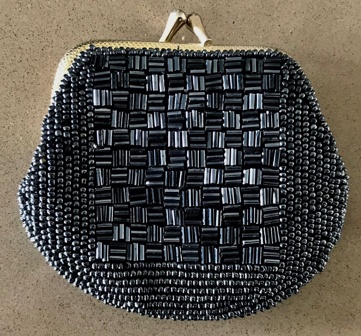 Small Vintage COIN PURSE Pewter Colour Beaded w Gold Frame Ladies Money
