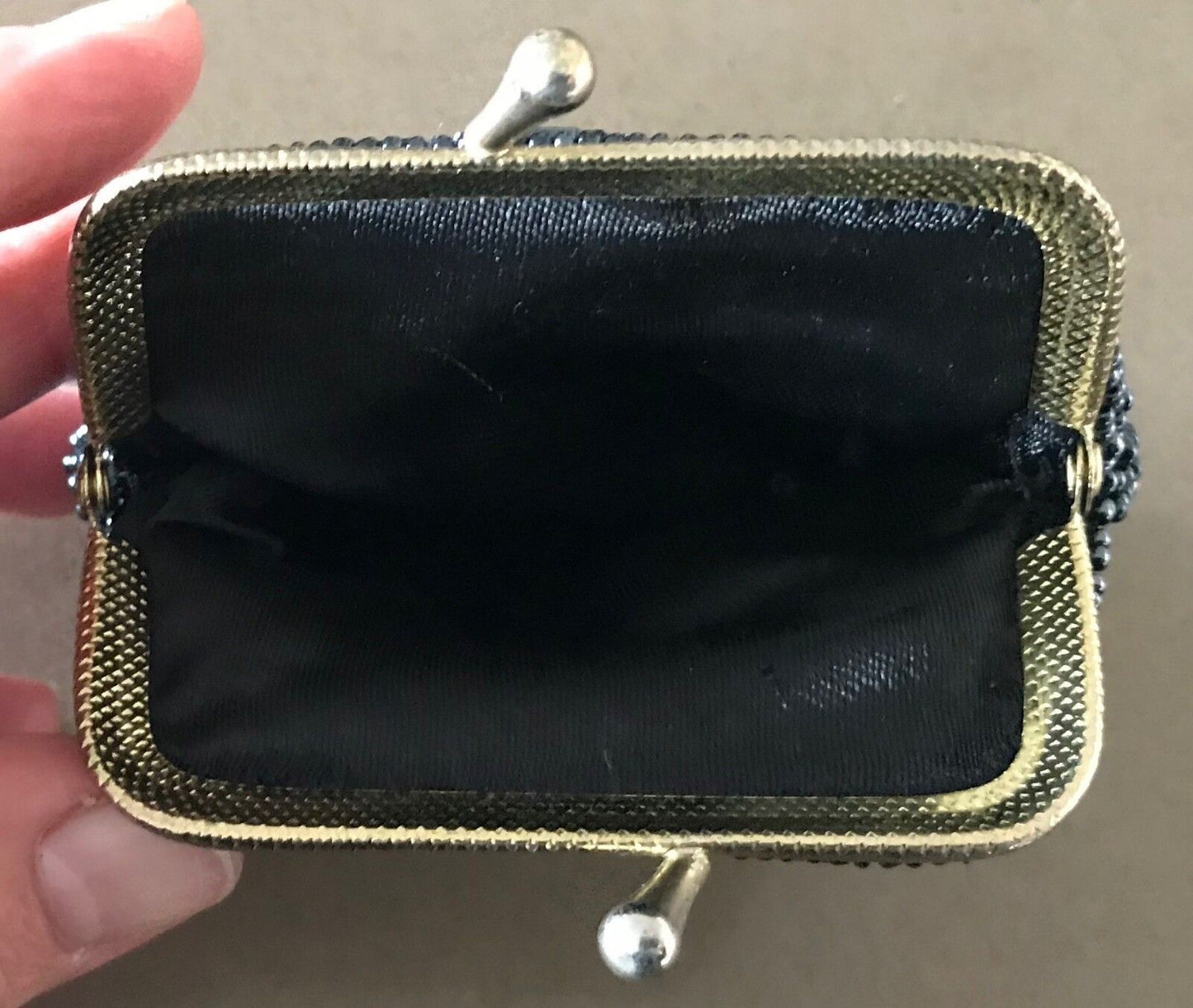 Small Vintage COIN PURSE Pewter Colour Beaded w Gold Frame Ladies Money