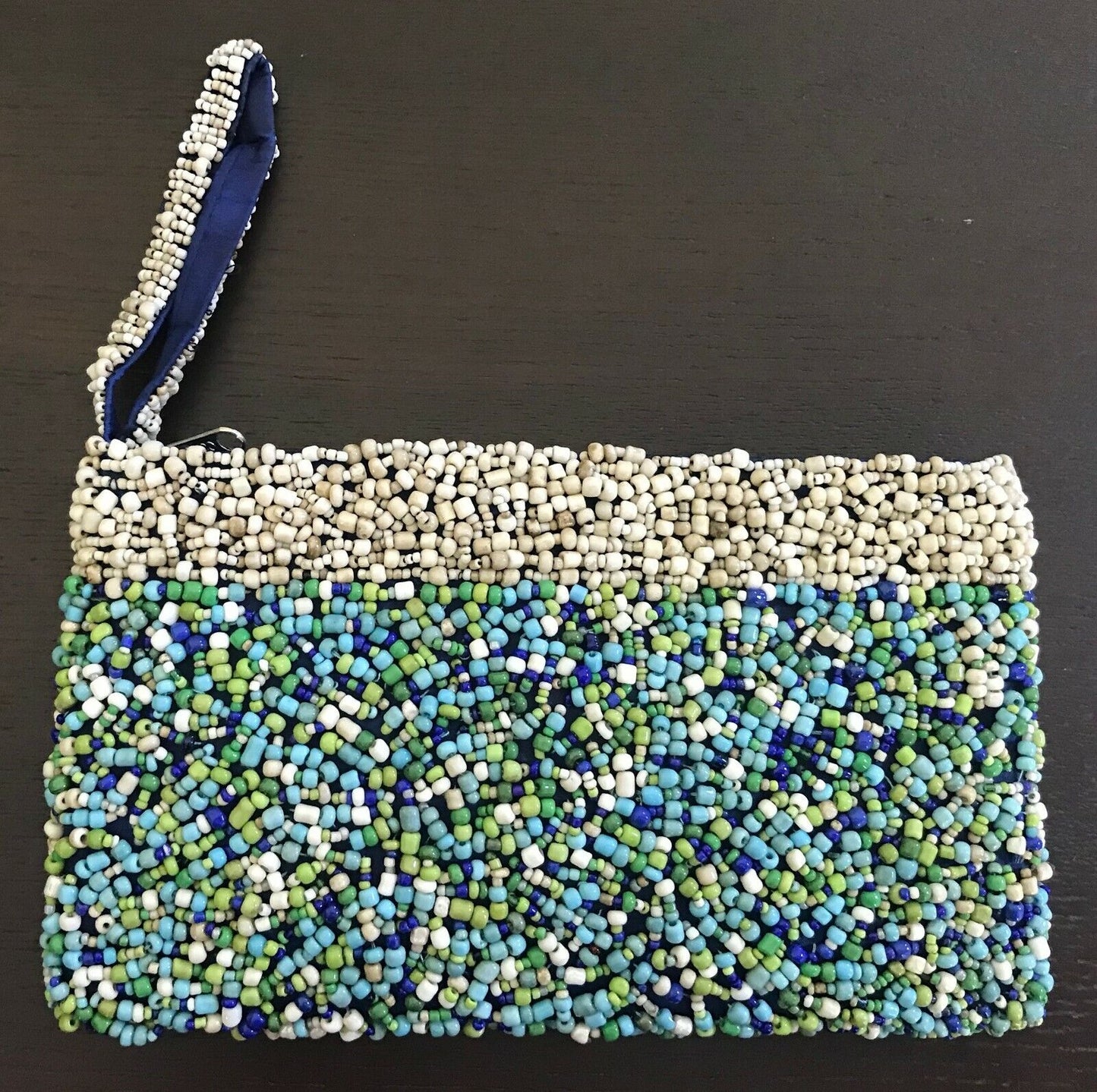 Vintage Ladies WRISTLET PURSE Shades of Blue Green & Ivory Fully Beaded Handbag