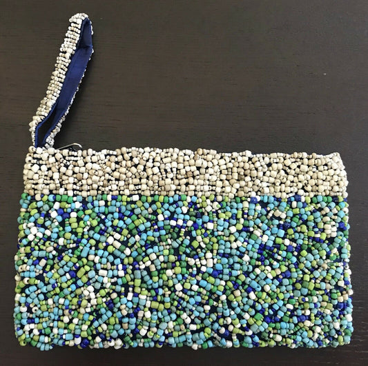 Vintage Ladies WRISTLET PURSE Shades of Blue Green & Ivory Fully Beaded Handbag