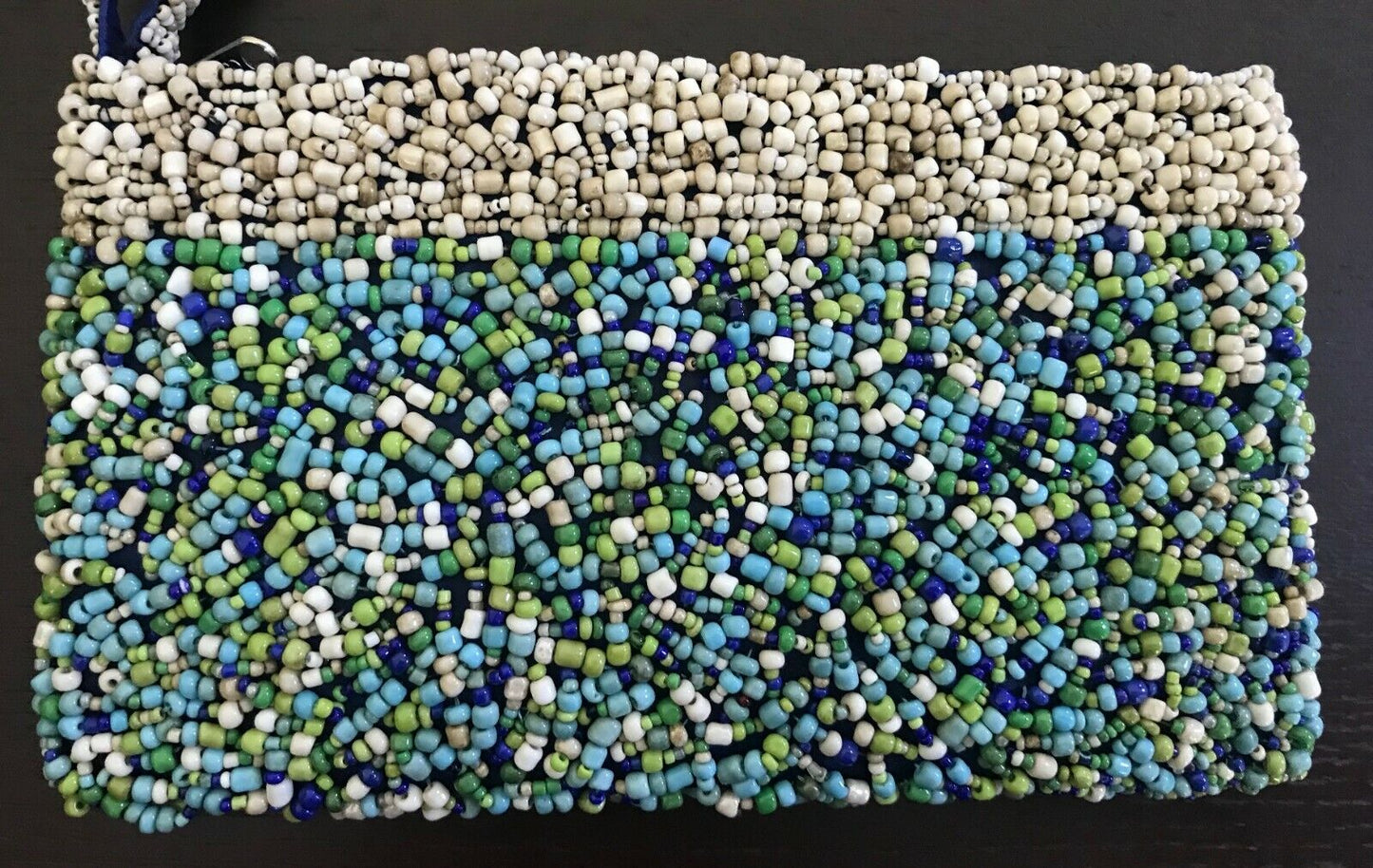 Vintage Ladies WRISTLET PURSE Shades of Blue Green & Ivory Fully Beaded Handbag