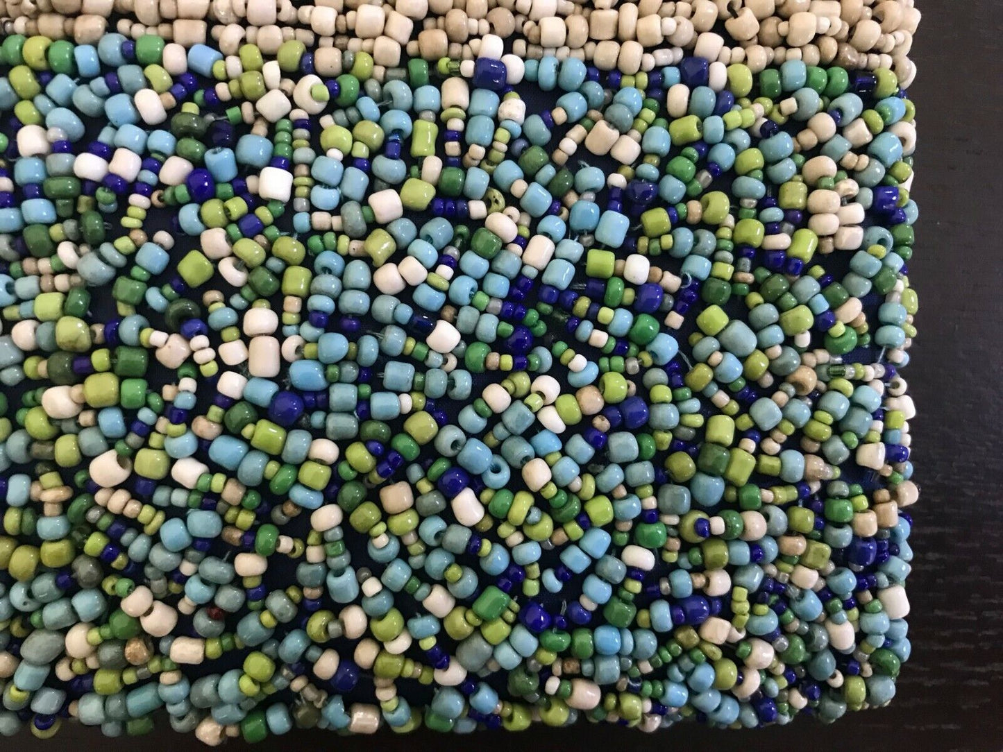 Vintage Ladies WRISTLET PURSE Shades of Blue Green & Ivory Fully Beaded Handbag