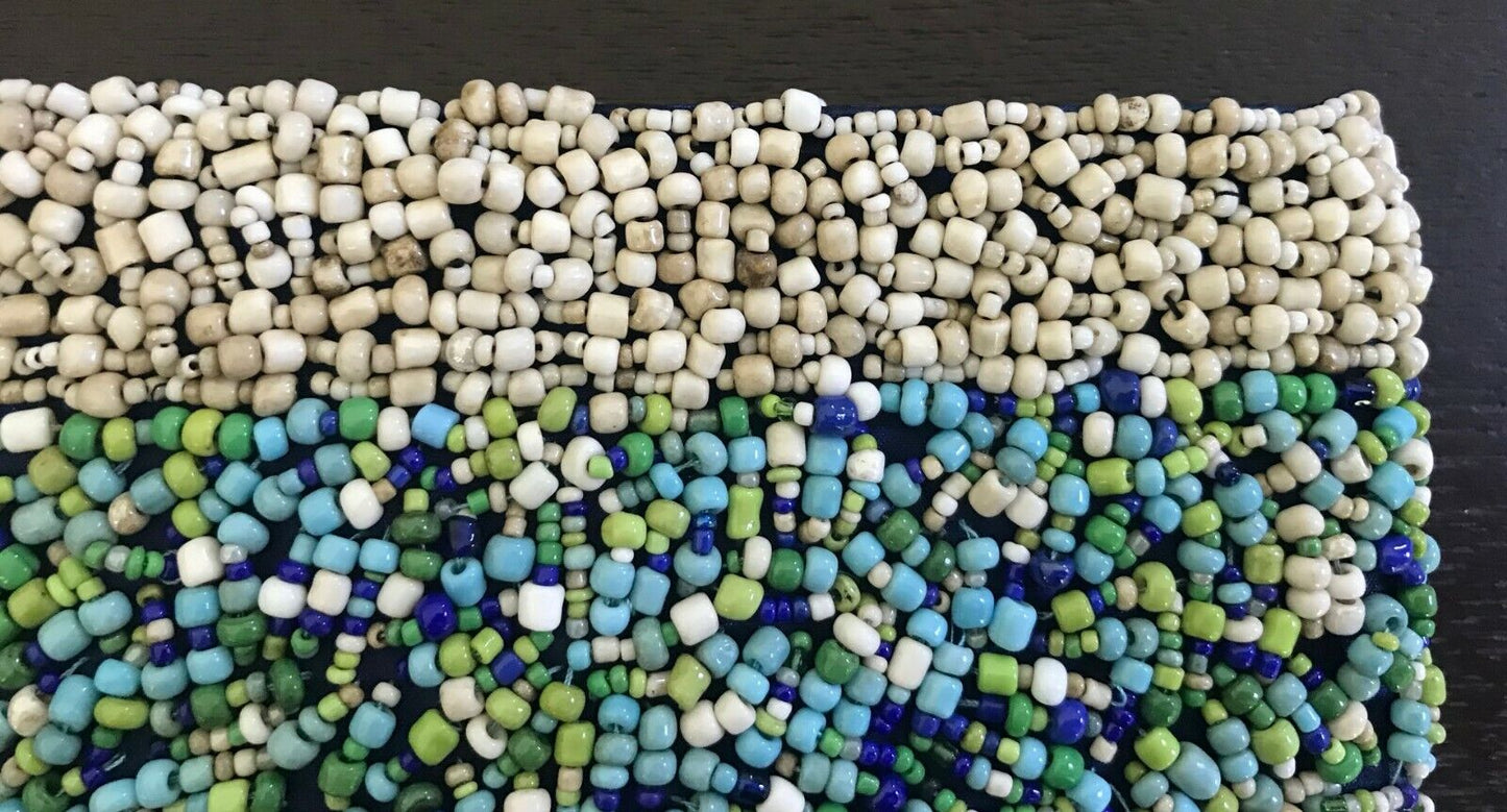 Vintage Ladies WRISTLET PURSE Shades of Blue Green & Ivory Fully Beaded Handbag