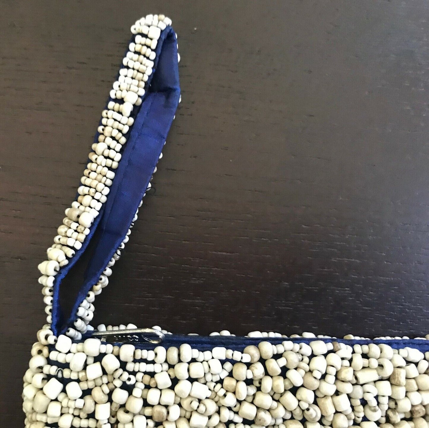 Vintage Ladies WRISTLET PURSE Shades of Blue Green & Ivory Fully Beaded Handbag