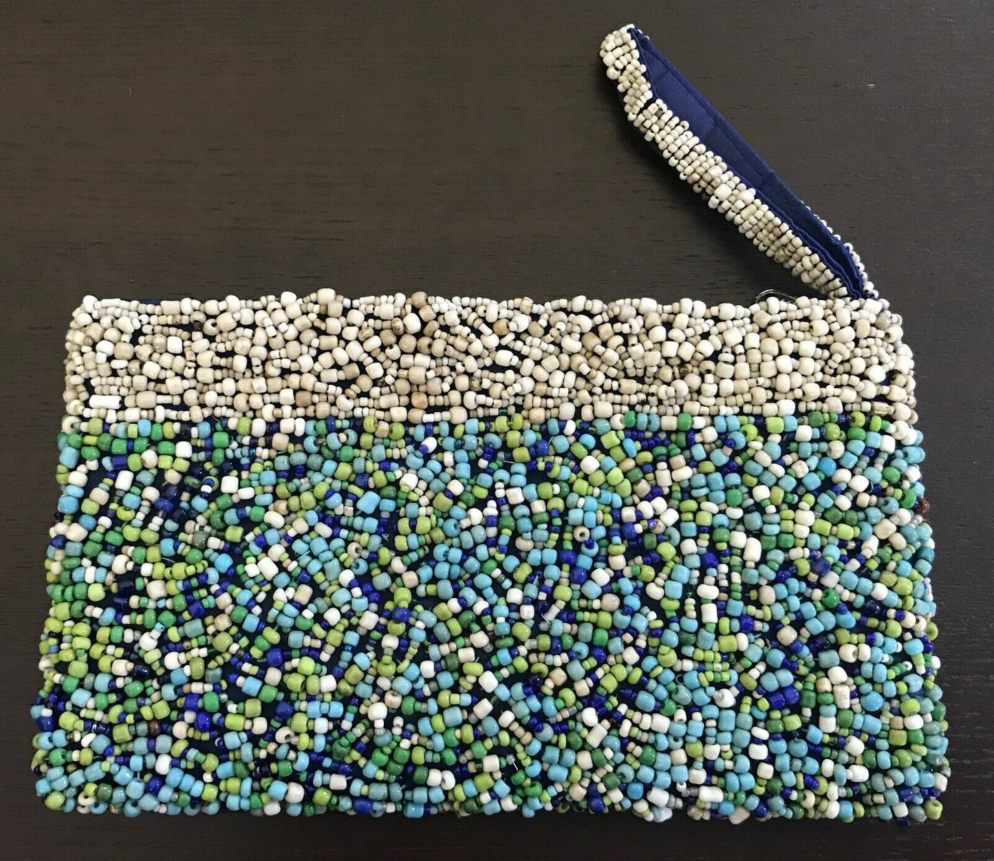 Vintage Ladies WRISTLET PURSE Shades of Blue Green & Ivory Fully Beaded Handbag