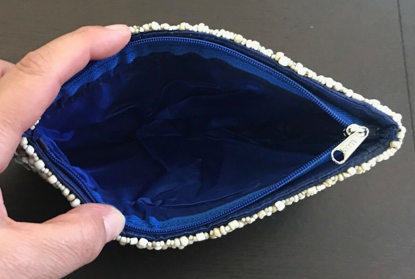 Vintage Ladies WRISTLET PURSE Shades of Blue Green & Ivory Fully Beaded Handbag