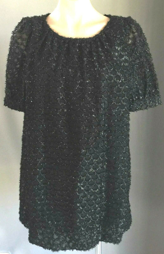 DISCOVERY Dress Mini Sparkly Black Short Sleeve Textured Shift Size 12 Vintage