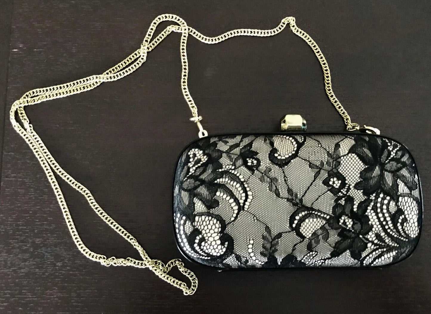 PEEPTOE Shoulder Bag Beige & Lace Patent Pleather Trim Hard Case Clutch