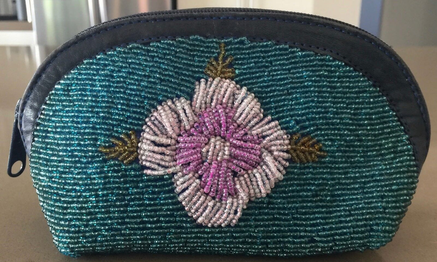 Vintage Makeup Bag Bead Embellished Floral Motif Cosmetic Pouch Half Circle Zip