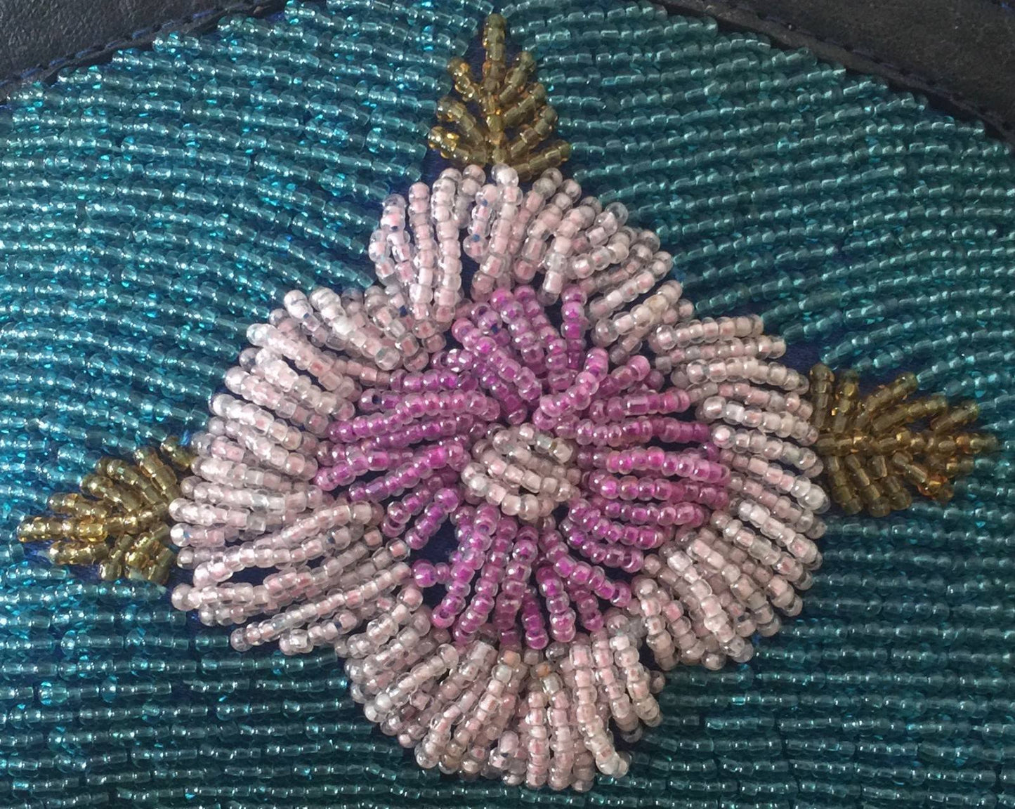 Vintage Makeup Bag Bead Embellished Floral Motif Cosmetic Pouch Half Circle Zip