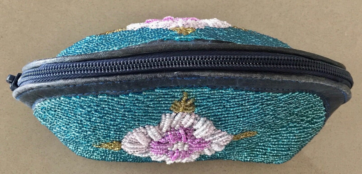 Vintage Makeup Bag Bead Embellished Floral Motif Cosmetic Pouch Half Circle Zip