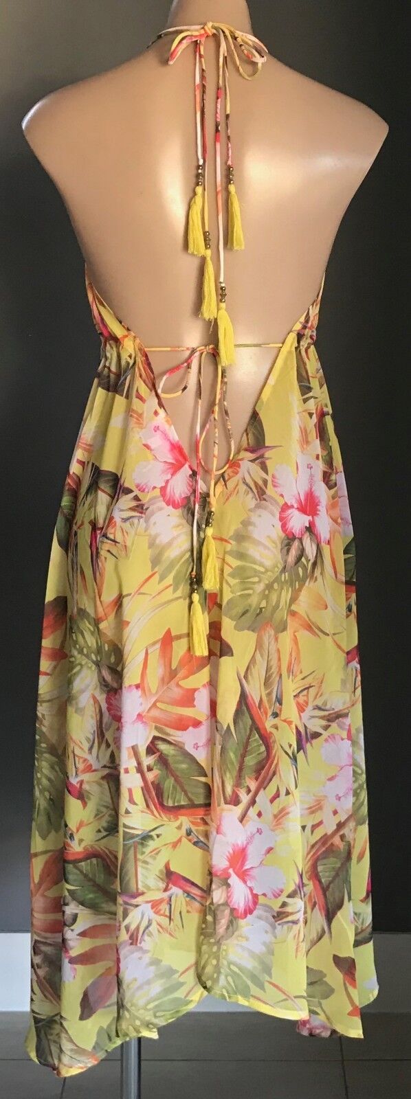 BUTTERFLY BY MATTHEW WILLIAMSON Cuban Floral Dress Sheer W Tassel UK Size 12 NEW