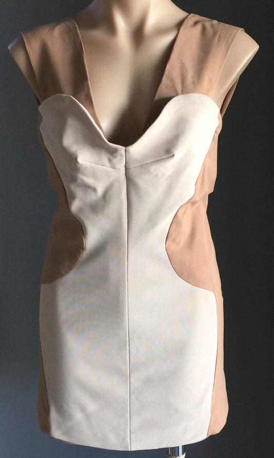 MIKA & GALA Bodycon Mini Dress Sassy Tan & Ivory Sleeveless Stretch Size 12 NEW