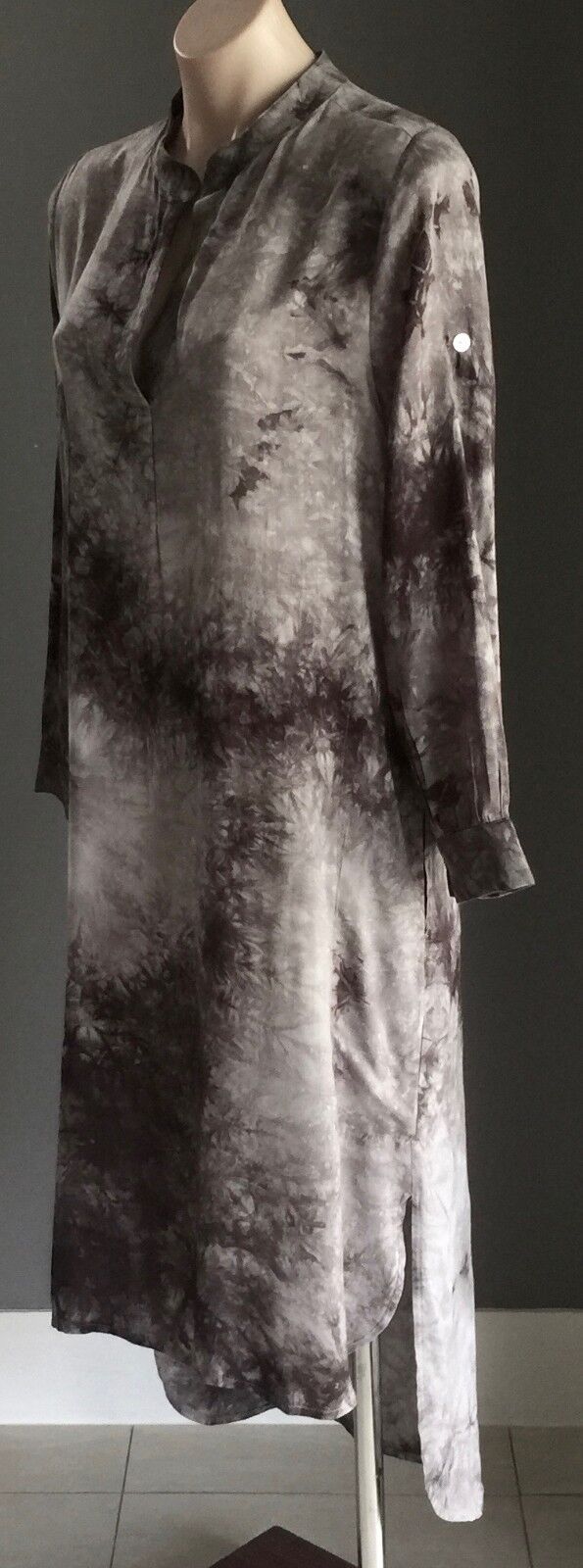 PINK DIAMOND Kaftan Dress Grey Black Tie Dye Tab Sleeves Chest Pocket M 12 NEW